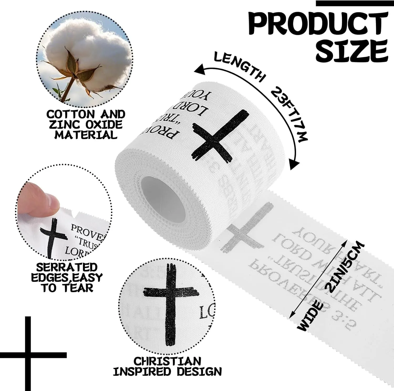 4 Pcs Christian Athletic Tape Cross Athletic Tape Cotton Zinc Oxide Performance Wrist Tape for Athlete Sport Trainers First Aid Injury Wrap Bats Tennis Gymnastics (White A, 2in x 23ft)