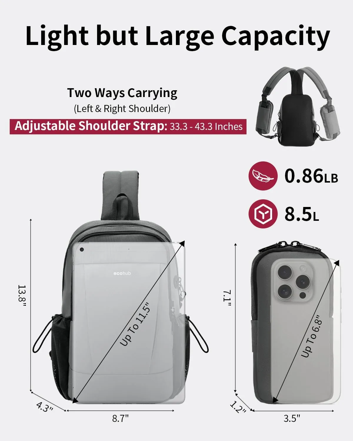ECOHUB Crossbody Bags for Women Men, Anti-Theft RFID Blocking Roomy Sling Backpack with Sturdy SBS Zippers Water Resistant Chest Shoulder Bag Daypack with 9 Pockets Travel Hiking, Grey