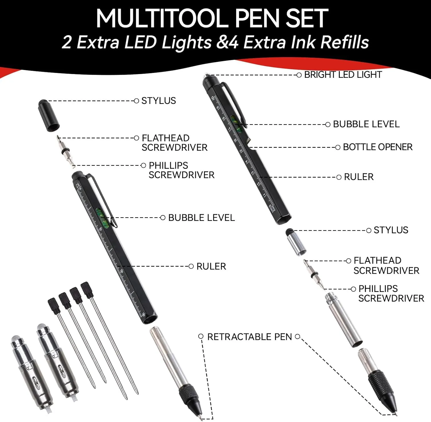 Fathers Day Dad Gift from Daughter Wife Son, 11 in 1 Multitool Pen with LED Light, Birthday Gifts for Men, Fathers Day Dad Gifts for Dad Gadgets Gifts for Men Who Have Everything, Black