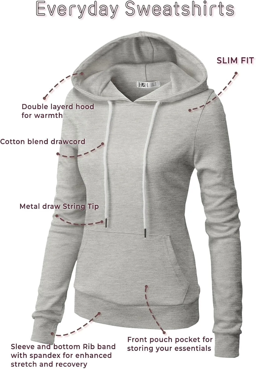 H2H Women's Slim Fit Zip Up & Pullover Hoodie Lightweight Long Sleeve Kangaroo Pocket Basic Casual Sweatshirt