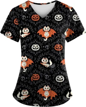 Halloween Scrubs for Women Nurse Vet Pediatric with Designs Plus Size Nursing Uniforms Cute Demon Cat Scrub Tops