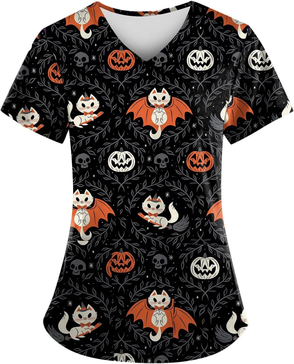 Halloween Scrubs for Women Nurse Vet Pediatric with Designs Plus Size Nursing Uniforms Cute Demon Cat Scrub Tops