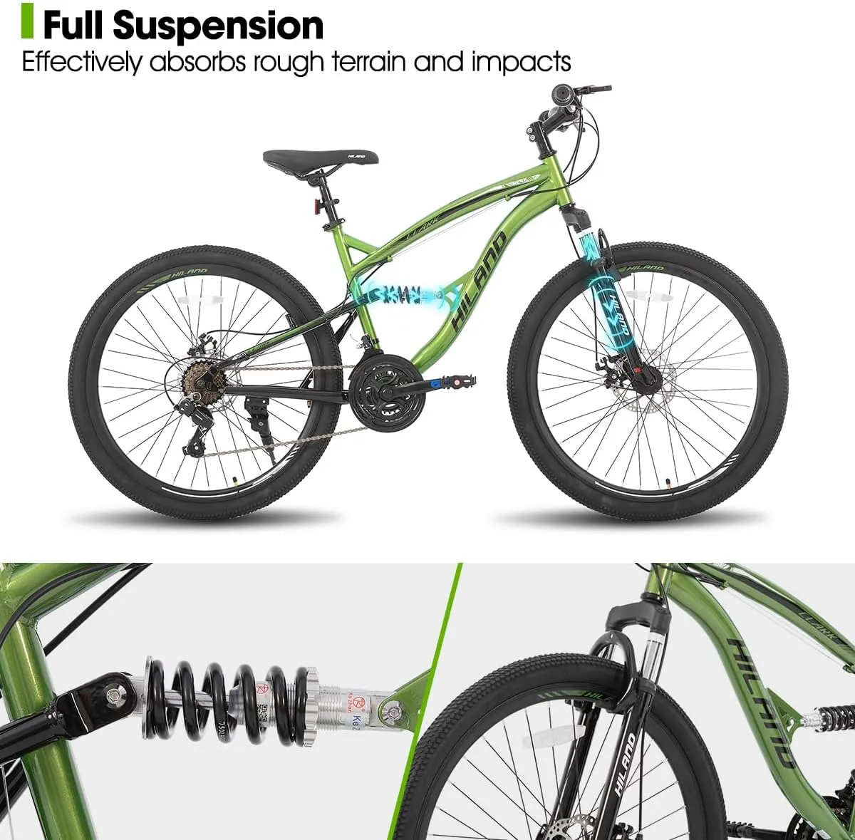 Hiland Full Suspension Mens Mountain Bike, 21 Speed, 26 Inch Wheel, Dual Disc Brake Bike for Men Womens Adult Bicycle