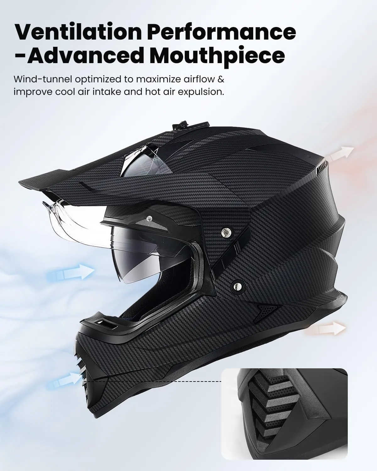 ILM Dual Sport Adventure Motorcycle Helmet with Pinlock Compatible Sun Visor Snowmobile ATV Dirt Bike Off Road Casco Model WS902 (Carbon Fiber, L)