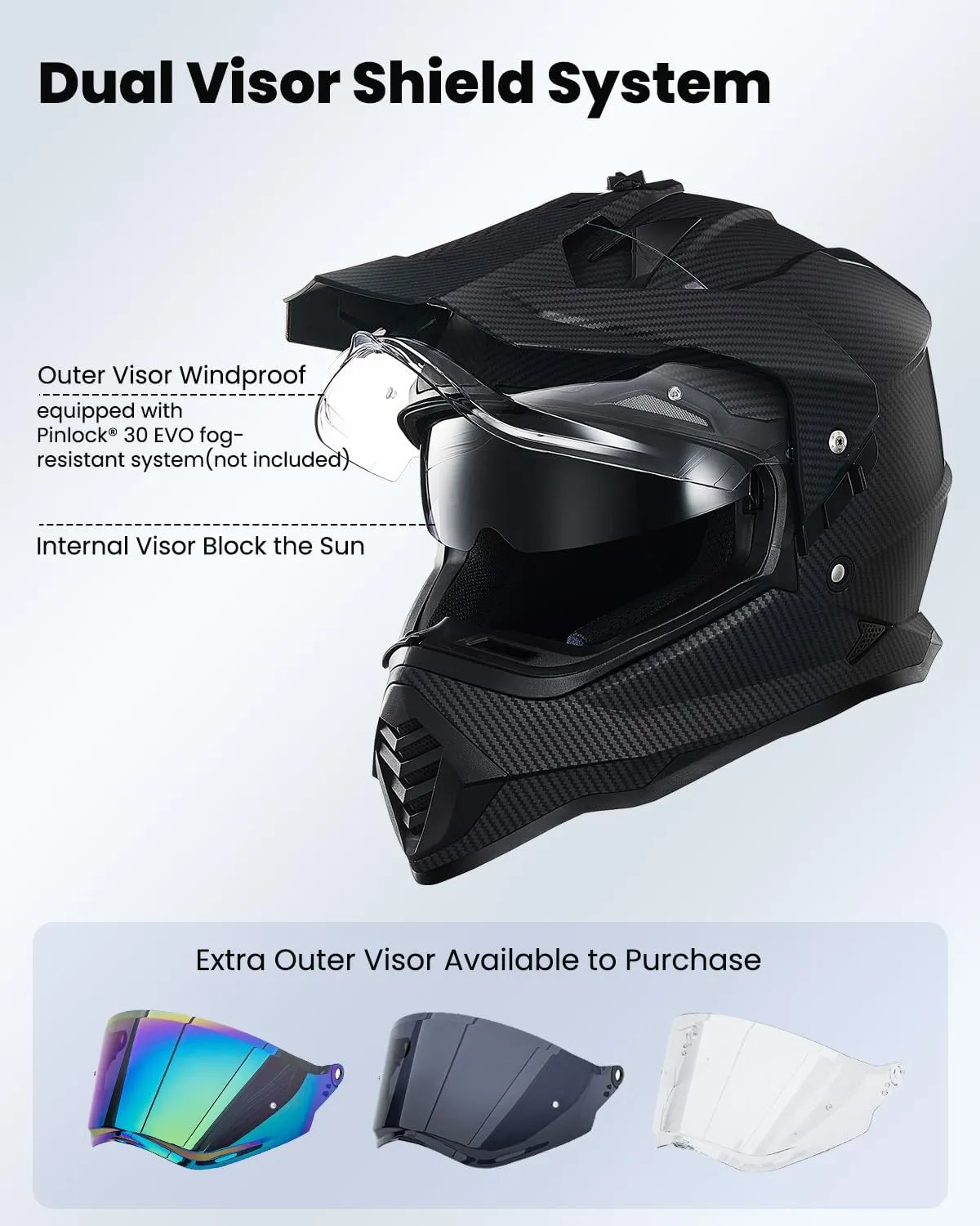 ILM Dual Sport Adventure Motorcycle Helmet with Pinlock Compatible Sun Visor Snowmobile ATV Dirt Bike Off Road Casco Model WS902 (Carbon Fiber, L)