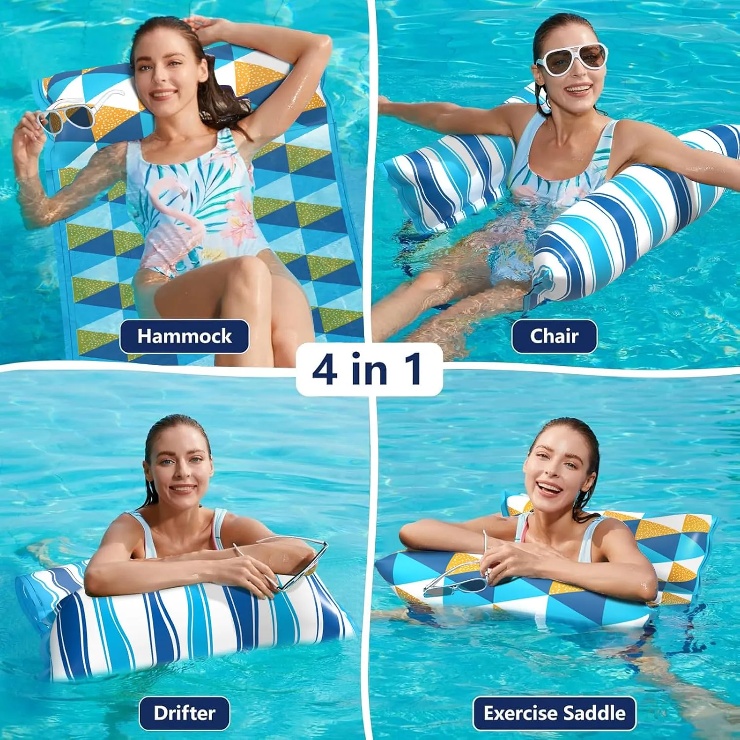 Jasonwell Water Hammock Pool Floats - 2PACK Fabric Inflatable Pool Hammock Float Floaties 4 in 1 (Saddle Lounge Chair Drifter) Lake Beach Floating Loungers Swimming Pool Rafts Toys for Adults
