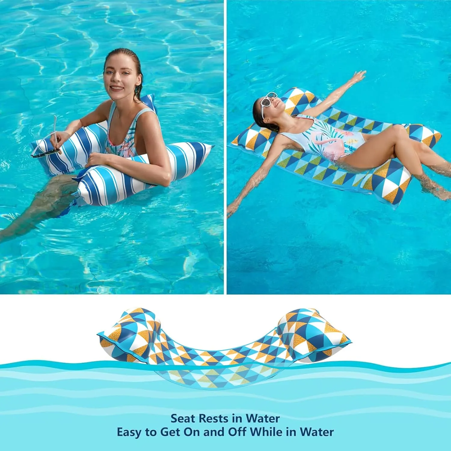 Jasonwell Water Hammock Pool Floats - 2PACK Fabric Inflatable Pool Hammock Float Floaties 4 in 1 (Saddle Lounge Chair Drifter) Lake Beach Floating Loungers Swimming Pool Rafts Toys for Adults