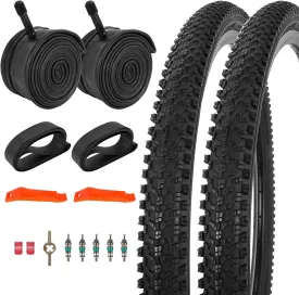 JIAYAN 24/26x1.95 Folding Replacement Bicycle Tires with Tire Levers and Tire Liners, 24''/26'' Mountain Bike Tire and Inner Tube for MTB Off-Road Bicycle