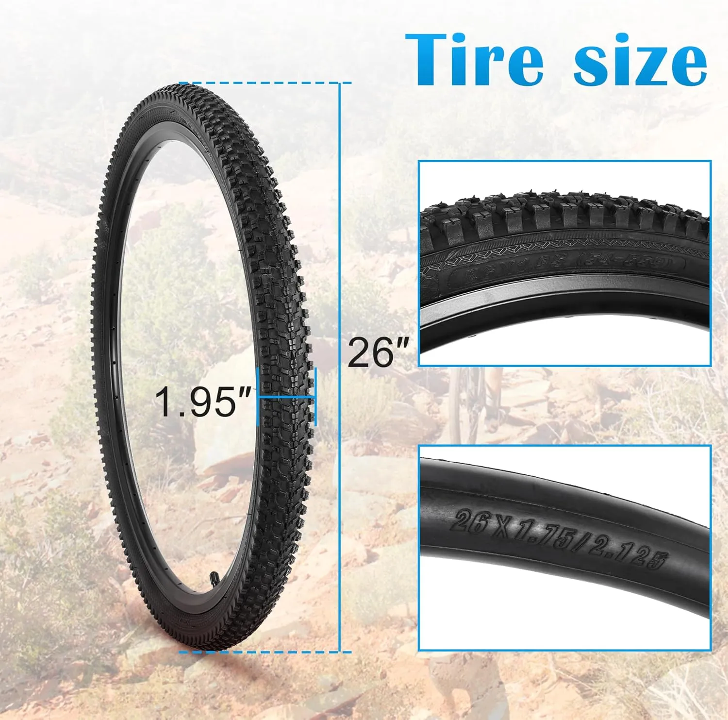 JIAYAN 24/26x1.95 Folding Replacement Bicycle Tires with Tire Levers and Tire Liners, 24''/26'' Mountain Bike Tire and Inner Tube for MTB Off-Road Bicycle
