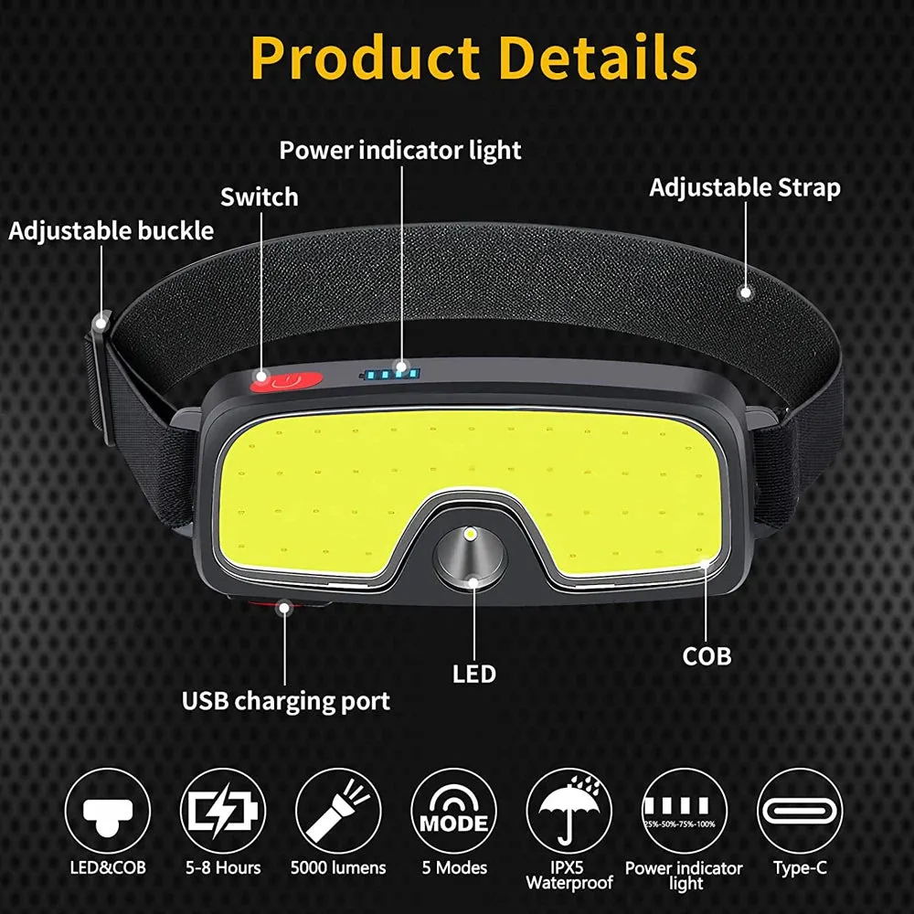 New COB LED Headlamp USB Rechargeable Power Display Portable Headlight Built in 18650 Battery Camping Head Lamp Hiking Torch