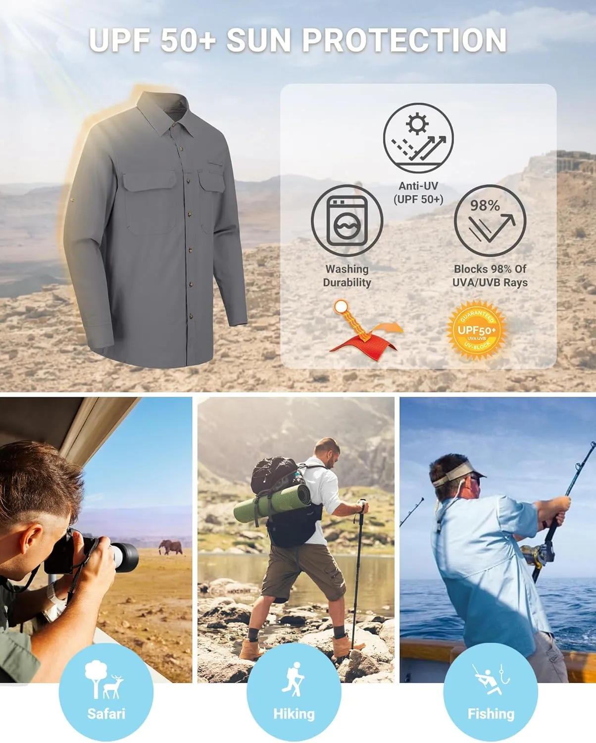 Outdoor Ventures Men's UPF 50  UV Sun Protection Shirt, Long Sleeve Hiking Fishing Shirt Cooling Quick Dry for Safari Travel