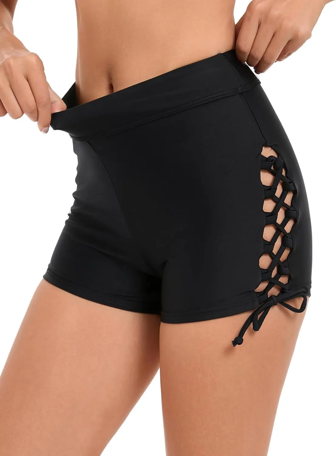 Women High Waisted Swim Shorts Tie Adjustable Bathing Suit Bottoms Tankini Swimsuit Bikini Board Shorts