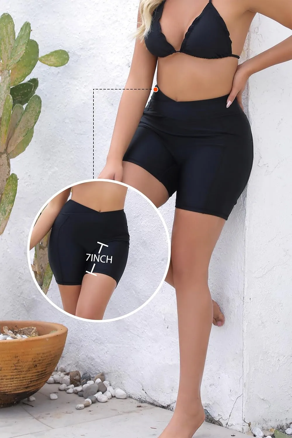 Women's 7" Plus Size Cross High Waisted Board Shorts with Side Pockets Boyshorts Swimsuit Bottoms