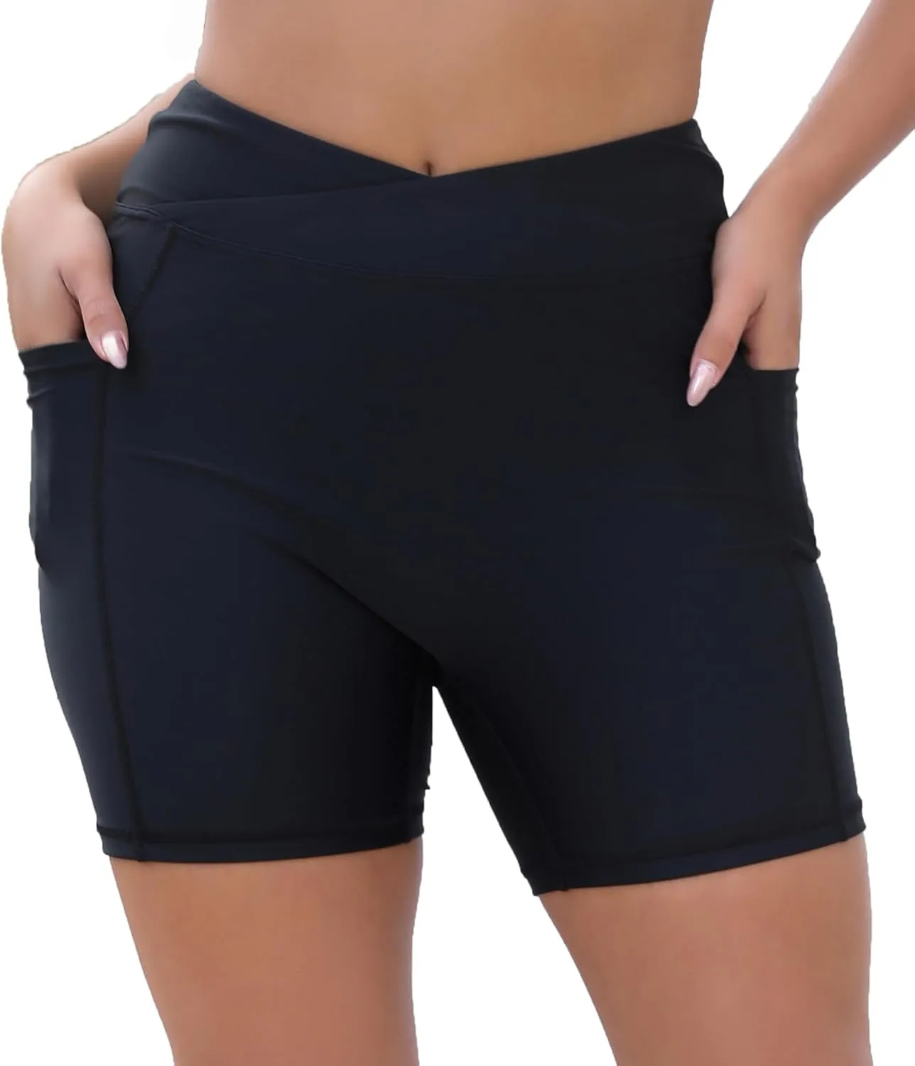 Women's 7" Plus Size Cross High Waisted Board Shorts with Side Pockets Boyshorts Swimsuit Bottoms