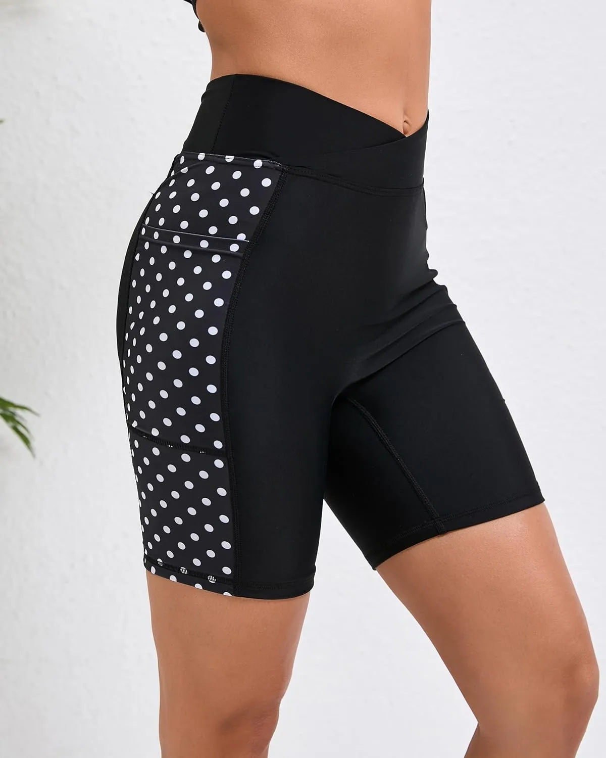 Women's 7" Plus Size Cross High Waisted Board Shorts with Side Pockets Boyshorts Swimsuit Bottoms
