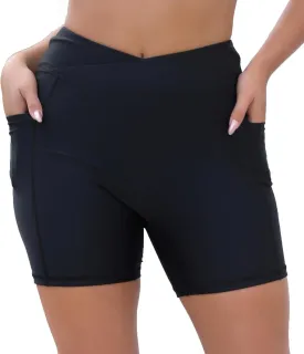Women's 7" Plus Size Cross High Waisted Board Shorts with Side Pockets Boyshorts Swimsuit Bottoms