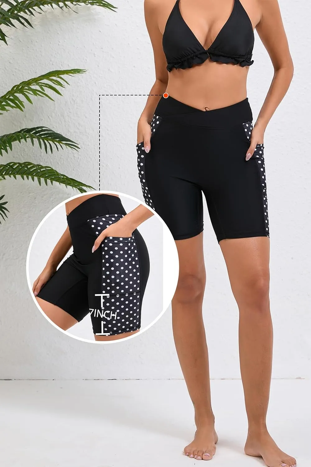 Women's 7" Plus Size Cross High Waisted Board Shorts with Side Pockets Boyshorts Swimsuit Bottoms