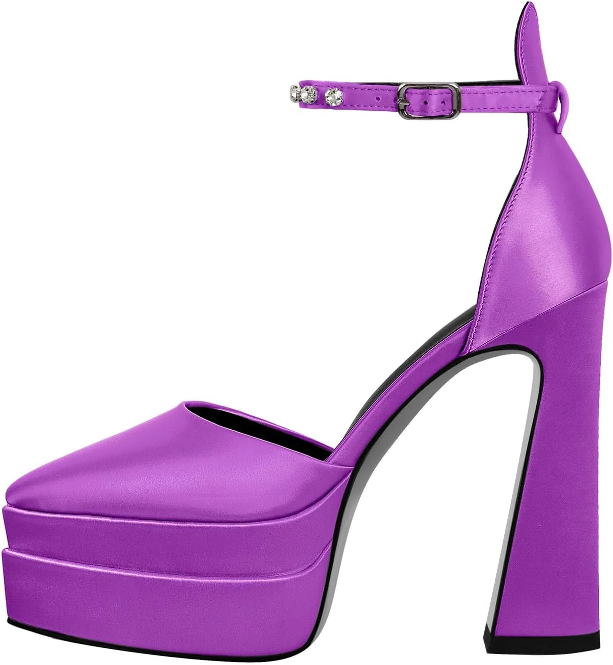 Womens Double High Chunky Platform Pointed Closed Toe Chunky Heels Ankle Strap Rhinestone Pumps Shoes for Dress Wedding Party