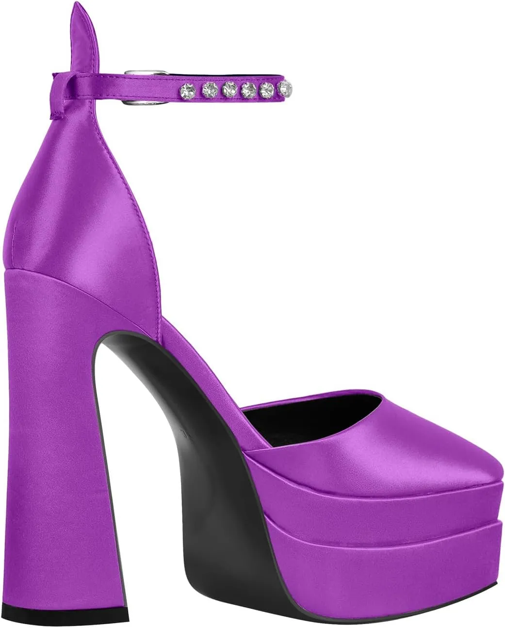 Womens Double High Chunky Platform Pointed Closed Toe Chunky Heels Ankle Strap Rhinestone Pumps Shoes for Dress Wedding Party
