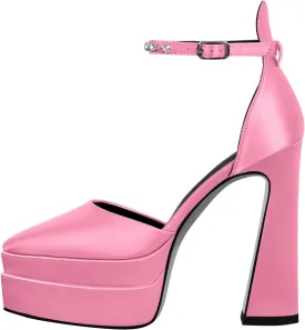 Womens Double High Chunky Platform Pointed Closed Toe Chunky Heels Ankle Strap Rhinestone Pumps Shoes for Dress Wedding Party