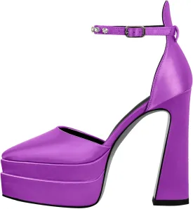 Womens Double High Chunky Platform Pointed Closed Toe Chunky Heels Ankle Strap Rhinestone Pumps Shoes for Dress Wedding Party